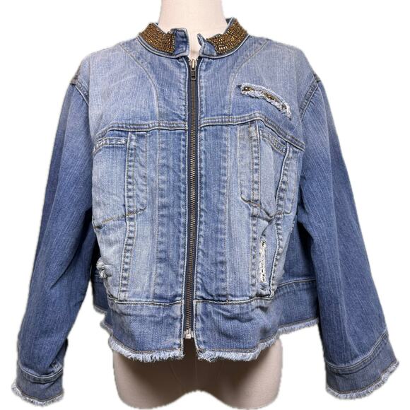 A.B.S. Women’s Cropped Distressed Denim Jacket, Amber Rhinestones, Size 22W - Picture 2 of 10